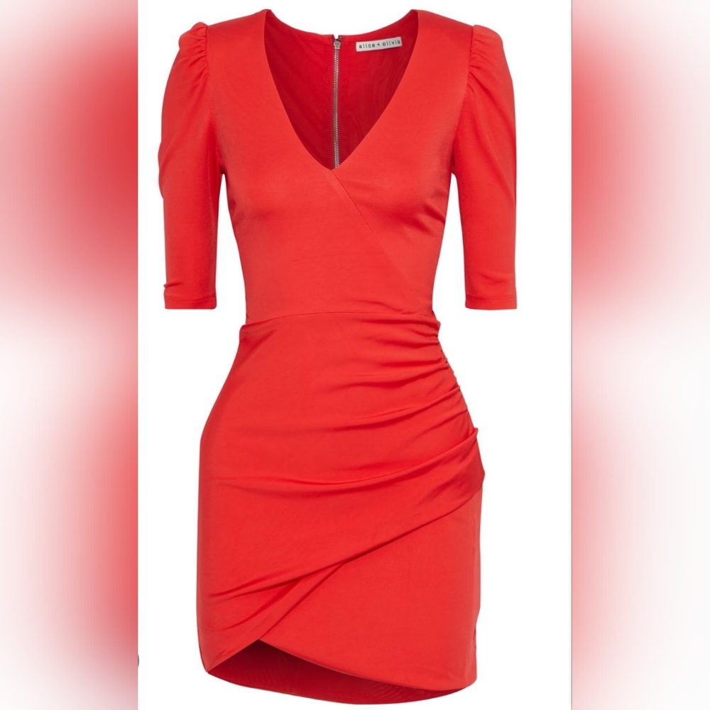Alice + Olivia Judy Red Puff Sleeve Ruched Mini Cocktail Dress Size 10 NWOT - Picture 3 of 11